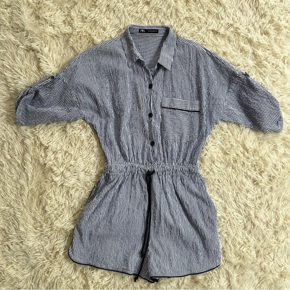 Zara Blue/White Striped Seersucker Button down playsuit Romper drawstrings Sz S - Picture 5 of 12